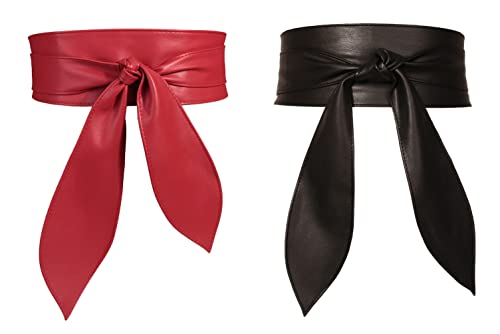 FEOYA Damen Ledergürtel Taillengürtel Breiter Obi Gürtel für Kleid Wickelgürtel Hüftgürtel Bindegürtel Set B S-M von FEOYA