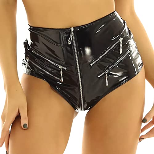 FEOYA Damen Lederlook Kunstleder Shorts Hotpants mit Schnürung Wetlook L von FEOYA