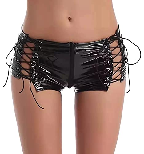 FEOYA Damen Lederlook Kunstleder Shorts Hotpants mit Schnürung Wetlook XL von FEOYA