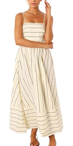 FEOYA Damen Maxi Kleid Sommer Gestreiftes Flowy Swing Sundress Back Smocked Cutout Strand Urlaub Lange Kleider Aprikose M von FEOYA