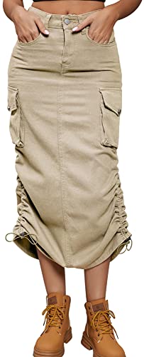 FEOYA Damen Maxi Long Jeans Rock Cargo Jeansrock Drawstring Sides Y2K Jeans Rock mit Multi-Pockets Khaki S von FEOYA