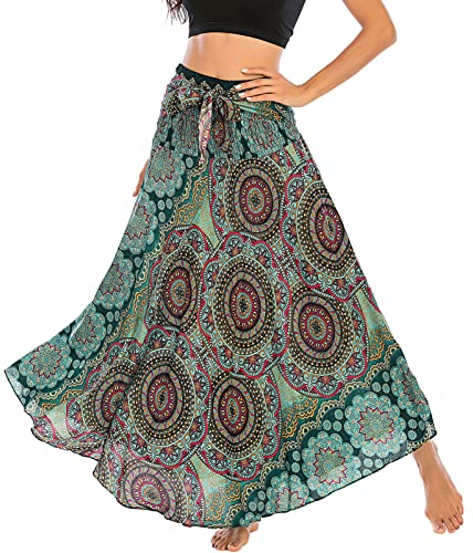 FEOYA Damen Maxirock Böhmischen Einheitsgröße Lange Rock Floral Rock Elastische Taille Verstellbares Kleid Sommerrock Boho Blumenmuster Strandrock Tanzrock Bauchtanz Bohemien Strandkleider 33 von FEOYA