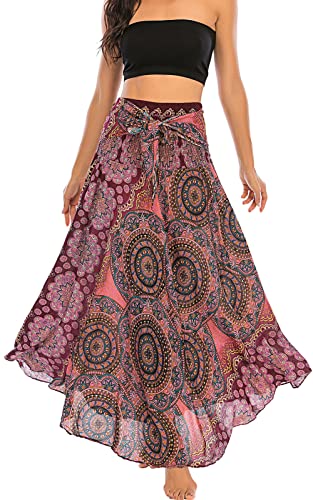 FEOYA Damen Maxirock Böhmischen Einheitsgröße Lange Rock Floral Rock Elastische Taille Verstellbares Kleid Sommerrock Boho Blumenmuster Strandrock Tanzrock Bauchtanz Bohemien Strandkleider 34 von FEOYA