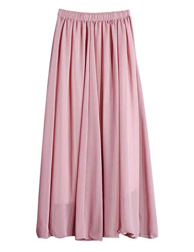 FEOYA Damen Maxirock Leinen Langrock Unifarben Faltenrock Sommerrock Elastische Taille Rock Plissee Retro Rock-Rosa-90cm von FEOYA