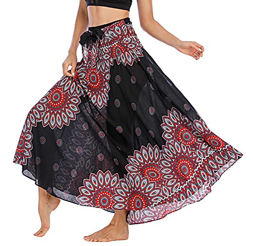 FEOYA Damen Maxirock Sommer Boho Kleid 2-in-1 Freizeit Urlaub Gedruckter Sommerrock Elastische Taille Lang Rock von FEOYA