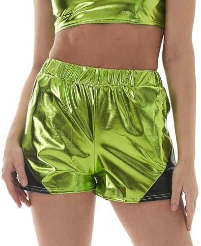 FEOYA Damen Metallic Shorts Yoga Elastische Taille Glänzend Funkeln Hot Kurze Hosen mit Taschen Rave Hot-Shorts Casual Tanzshorts 02 Grün L von FEOYA