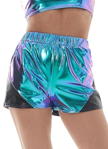 FEOYA Damen Metallic Shorts Yoga Elastische Taille Glänzend Funkeln Hot Kurze Hosen mit Taschen Rave Hot-Shorts Casual Tanzshorts 02 Laser Blau L von FEOYA