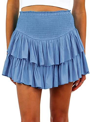 FEOYA Damen Mini Plissee Röcke Basic Hosenrock Mädchen Gummibund Rock mit Innenhose Hersteller L/DE Größe 36-38-Blau von FEOYA