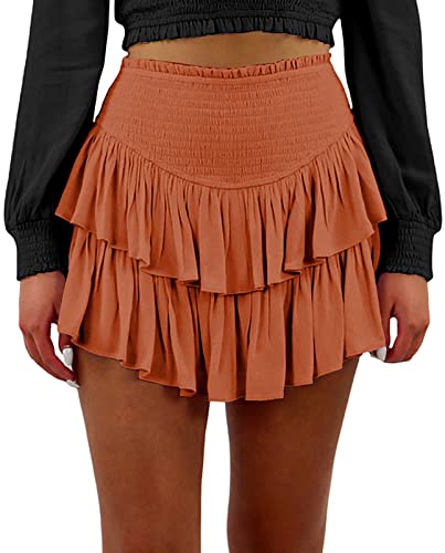 FEOYA Damen Mini Plissee Röcke Basic Hosenrock Mädchen Gummibund Rock mit Innenhose Hersteller L/DE Größe 36-38-Braun von FEOYA