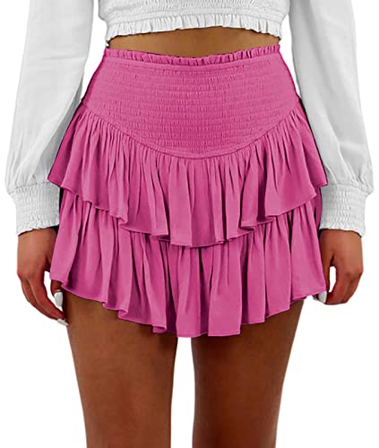 FEOYA Damen Mini Rock Gefaltete Basic Rock mit Unterhose Hohe Taille Gummibund Plisseeröcke Hersteller M/DE Größe 34-Rosa von FEOYA