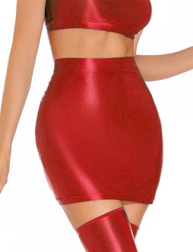 FEOYA Damen Minirock Hohe Taille Frauen Sexy Glänzende Seide Röcke Strumpfrock Rutschig Hochelastische Oberschenkel Lederrock Nylon Rock Rot XL von FEOYA