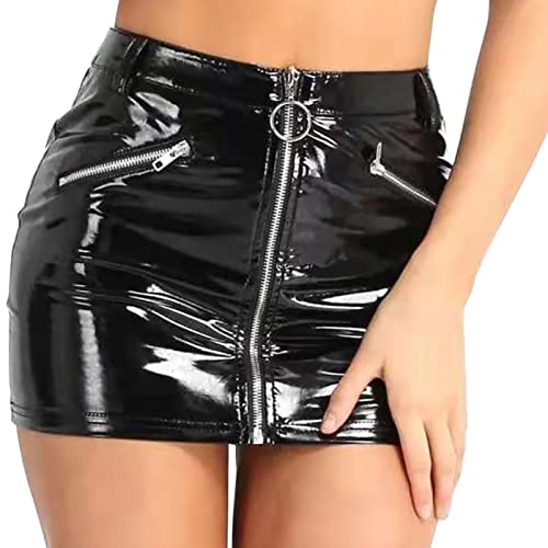 Damen Minirock Wetlook Sexy GoGo Rock Lederrock PVC Clubwear Party Rock mit Reißverschluss S von FEOYA