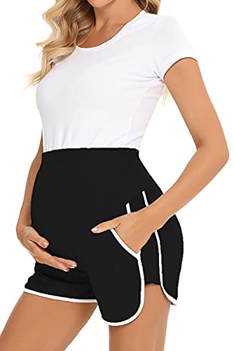 FEOYA Damen Mutterschaft Kurz Hose Schwangerschafts Sommer Umstandsshorts Weich Atmungsaktiv Schwangerschafts Shorts Bequem Kurze Umstandshose Schwangere Kurz Freizeithose Schwarz S von FEOYA