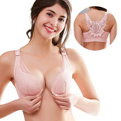 FEOYA Damen Nahtlose BH Bügeloser-BH Vorderverschluss Spitze Ungepolstert Push Up BH Klassische Unterwäsche-Rosa-42/95C von FEOYA