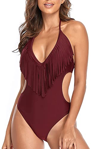 FEOYA Damen Neckholder Badeanzug Schulterfrei Schwimmeinteiler Bademode Sommer Outdoor Strand Schwimmanzug Hersteller XL/EU Größe 38-A-Rot von FEOYA