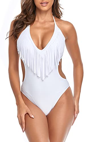 FEOYA Damen Neckholder Badeanzug Schulterfrei Schwimmeinteiler Bademode Sommer Outdoor Strand Schwimmanzug Hersteller XL/EU Größe 38-A-Weiß von FEOYA