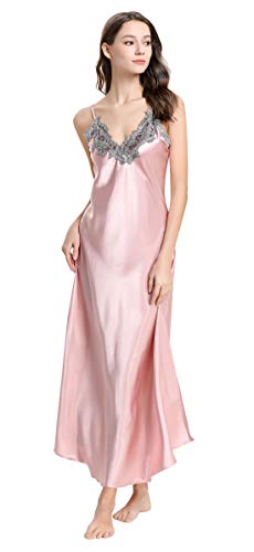 FEOYA Damen Negligee V-Ausschnitt Nachtwäsche Elegant Sleepwear Einfarbig Lang Nachthemd Bequem Unterkleid Ärmellos Rückenfrei Kleid Rosa - Größe 2XL von FEOYA