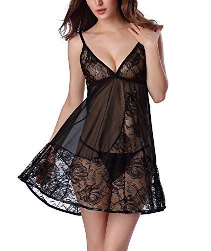 FEOYA Damen Negligees aus Nachthemd Edles Nachtwäsche Nachtkleid Lingerie Kleid Sleepwear Tops Schwarz M von FEOYA