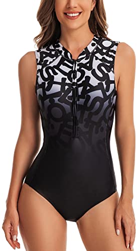 FEOYA Damen One Piece Rash Guard Zip Up Badeanzug Ärmellose Surfen Bademode Zip Front Schwimmen Kostüm Sonnenschutz Gedruckt Einteilig Badeanzug Wetsuit Badeanzug Schwarz L von FEOYA