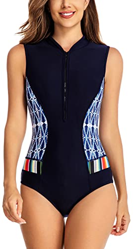 FEOYA Damen One Piece Rash Guard Zip Up Badeanzug Sonnenschutz Surfen Badebekleidung Ärmellos Einteiliger Badeanzug Zip Front Wetsuit Schwimmkostüm Badeanzug Blau XL von FEOYA