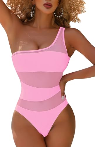 FEOYA Damen One Shoulder Badeanzug Asymmetrische Einteiler Bademode Sheer Mesh Swimsuit Monokini Strandmode Rosa M von FEOYA