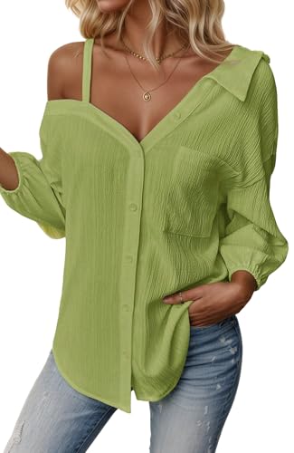 FEOYA Damen One Shoulder Bluse Casual Schulterfrei Tshirt Lässig Loose Shirts Elegant V-Ausschnitt Hemd Asymmetric Top Grün M FEOYA Damen One Shoulder Bluse Casual Schulterfrei Tshirt Lässig Loose Shirts Elegant V-Ausschnitt Hemd Asymmetric Top Grün M von FEOYA