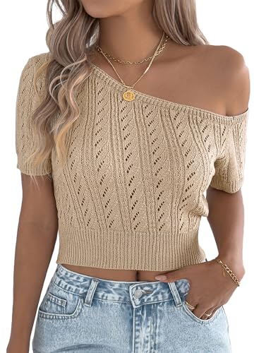 FEOYA Damen One Shoulder T-Shirt Kurzarm Strickpullover Casual Schulterfreies Oberteile Bauchfrei Asymmetric Top Strickshirts Khaki M von FEOYA