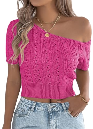 FEOYA Damen One Shoulder T-Shirt Kurzarm Strickpullover Casual Schulterfreies Oberteile Bauchfrei Asymmetric Top Strickshirts Rosa L von FEOYA