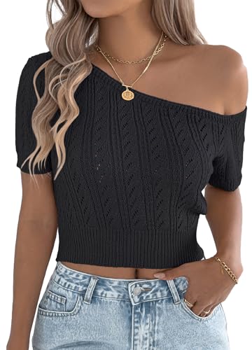 FEOYA Damen One Shoulder T-Shirt Kurzarm Strickpullover Casual Schulterfreies Oberteile Bauchfrei Asymmetric Top Strickshirts Schwarz M von FEOYA