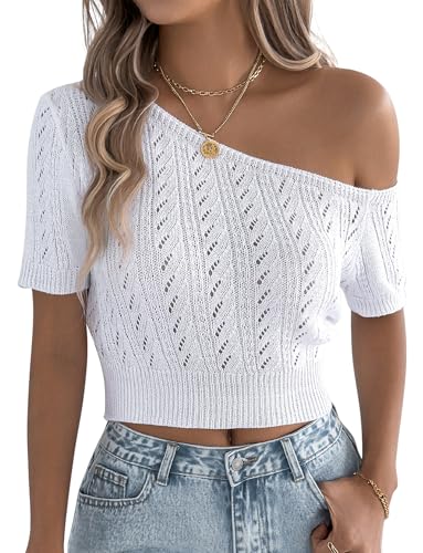 FEOYA Damen One Shoulder T-Shirt Kurzarm Strickpullover Casual Schulterfreies Oberteile Bauchfrei Asymmetric Top Strickshirts Weiß L von FEOYA