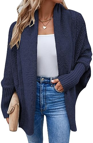FEOYA Damen Open Front Chunky Strickjacken Fledermaus Langarm Strickmantel Kuschelige Cardigan Pullover Marineblau Blu XL von FEOYA