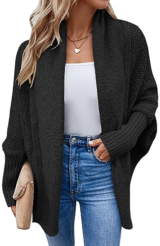 FEOYA Damen Open Front Chunky Strickjacken Fledermaus Langarm Strickmantel Kuschelige Cardigan Pullover Schwarz XL von FEOYA