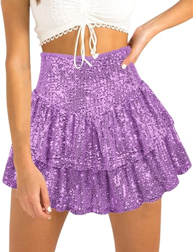 FEOYA Damen Pailletten Rock Ruffle Glänzend Minirock A-Linie Glitter Plissee Röcke Festlich Karneval Outfits Hersteller S/DE Größe 38-Violett von FEOYA