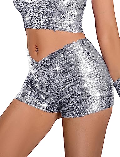 FEOYA Damen Pailletten Shorts Glitzer Tanzshorts High Elastic Hot Pants für Tanz Club Bar Party Glänzend - M von FEOYA