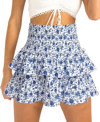 FEOYA Damen Plissee Rock Minirock Shortrock Damen Mini Skirt Kurzer Rock mit Reißverschluss Floraler Bohème Kurzer Rock Hohe Taille Partyrock Vintage Blau 2 L von FEOYA