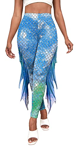 FEOYA Damen Push Up Leggings Mit Hoher Taille - Meerjungfrau Fischschuppen Bedruckte Mit Flosse - Stretchy Yogahose in Voller Länge - Festival Glänzende Kostümhose C XL von FEOYA