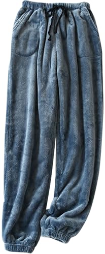 FEOYA Damen Pyjamahose Flauschige Fleece Pyjamahose Lange Warme Freizeithose Haushose Nachtwäsche Homewear Loose Fit Blau M von FEOYA