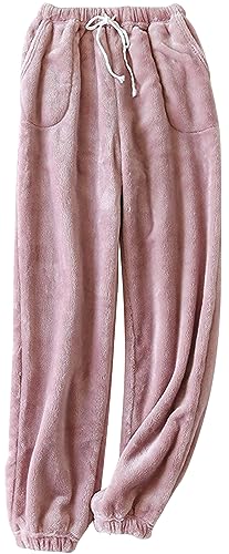 FEOYA Damen Pyjamahose Flauschige Fleece Pyjamahose Lange Warme Freizeithose Haushose Nachtwäsche Homewear Loose Fit Rosa M von FEOYA