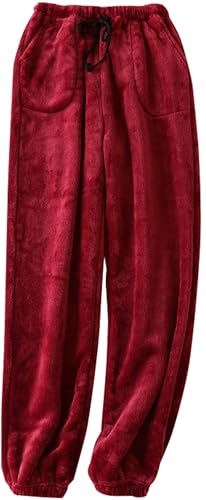 FEOYA Damen Pyjamahose Flauschige Fleece Pyjamahose Lange Warme Freizeithose Haushose Nachtwäsche Homewear Loose Fit Weinrot M von FEOYA