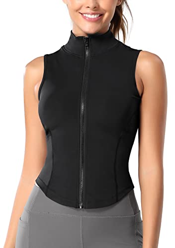 FEOYA Damen Quick Dry Sport Workout Yoga Tops Slim Fit Full Zip Sportweste für Frauen Activewear Ärmellose Tops Yoga Workout Running Shirts Jogging Fitness Gym Weste Top Schwarz L von FEOYA