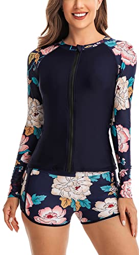 FEOYA Damen Rash Guard UV-Schutz UPF 50+ Langarm Schwimmshirt Badeshirt Reißverschluss Bademode für Damen Schnell Trocknender Swimsuit Surfshirt Badeanzug von FEOYA