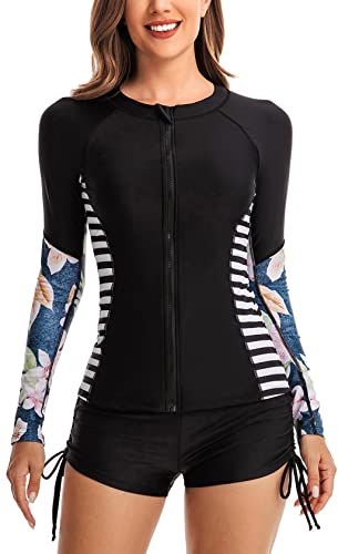 FEOYA Damen Rash Guard UV-Schutz UPF 50+ Langarm Schwimmshirt Badeshirt Reißverschluss Bademode für Damen Schnell Trocknender Swimsuit Surfshirt Badeanzug von FEOYA