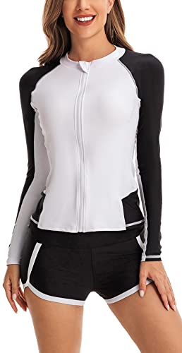 FEOYA Damen Rash Guard UV-Schutz UPF 50+ Langarm Schwimmshirt Badeshirt Reißverschluss Bademode für Damen Schnell Trocknender Swimsuit Surfshirt Badeanzug von FEOYA