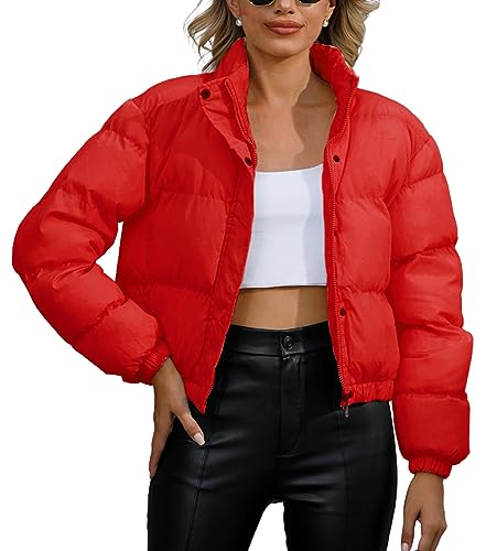 FEOYA Damen Reißverschlussjacke Winter Warme Kurze Daunenjacke Mantel Stehkragen Cropped Puffer Jacke Rot M von FEOYA