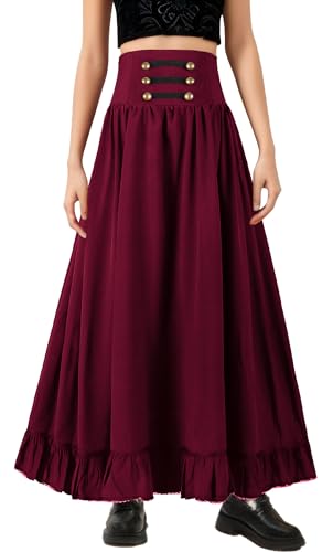 FEOYA Damen Renaissance Rock Hohe Taille Maxirock Lang Halblanger Plisseerock Swing Schnürung Rock für Cosplay Party Shows Weihnachten Rot M von FEOYA