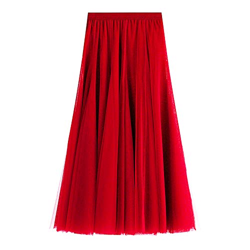 FEOYA Damen Rock Petticoat Tutu Tüllrock Pliseerock Lang Reifrock Abendrock Elastic Bund Tutu Maxiröcke-Rot von FEOYA