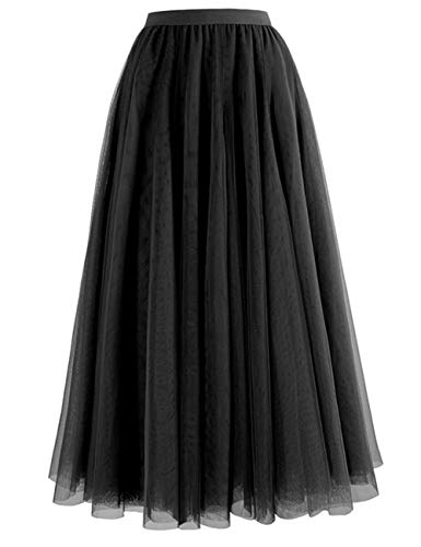 FEOYA Damen Rock Petticoat Tutu Tüllrock Pliseerock Lang Reifrock Abendrock Elastic Bund Tutu Maxiröcke-Schwarz von FEOYA