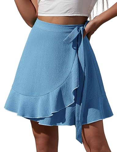 FEOYA Damen Röcke Kurz Sommer Minirock Einteiliger A-Linien-Rock mit Gürtel Ruffle Wickelrock 01 Blau XL von FEOYA