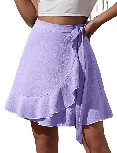 FEOYA Damen Röcke Kurz Sommer Minirock Einteiliger A-Linien-Rock mit Gürtel Ruffle Wickelrock 01 Lila L FEOYA Damen Röcke Kurz Sommer Minirock Einteiliger A-Linien-Rock mit Gürtel Ruffle Wickelrock 01 Lila L von FEOYA