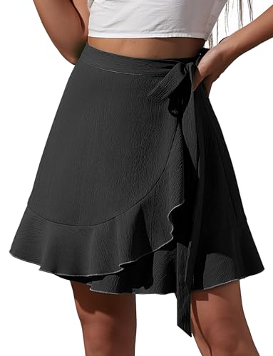 FEOYA Damen Röcke Kurz Sommer Minirock Einteiliger A-Linien-Rock mit Gürtel Ruffle Wickelrock 01 Schwarz XL von FEOYA